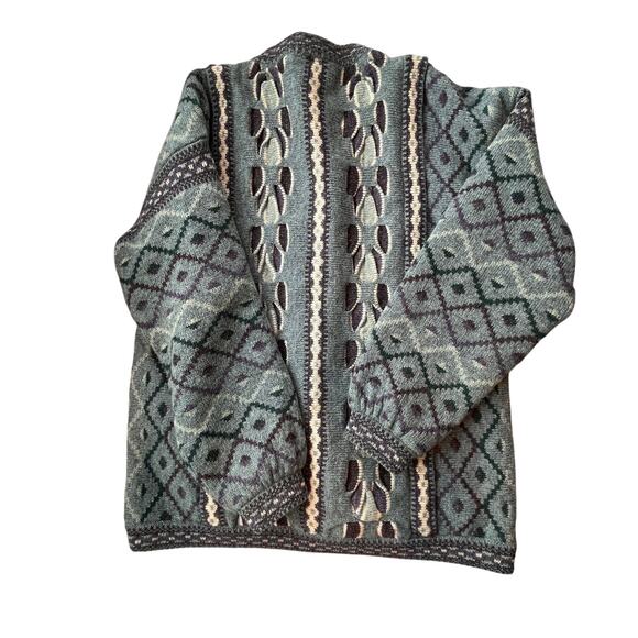 Bebhinn Marten Irish Wool Cardigan Sweater Green Blue Diamond Knit Made Ireland - Picture 11 of 13